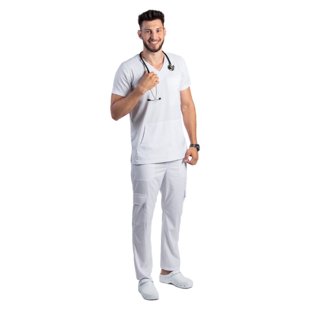 Costum de lucru cu elastan barbati alb cu bluza in V si pantaloni cu snur si elastic