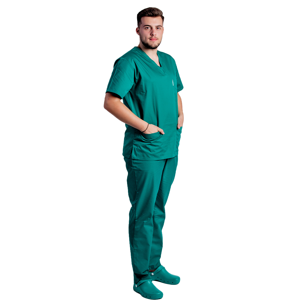 Uniforma de lucru barbati verde cu pantaloni cu snur si elastic in talie