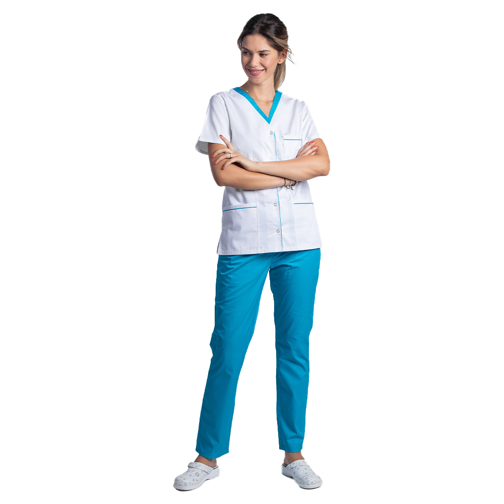 Halat de lucru alb cu paspol turcoaz, capse si trei buzunare aplicate