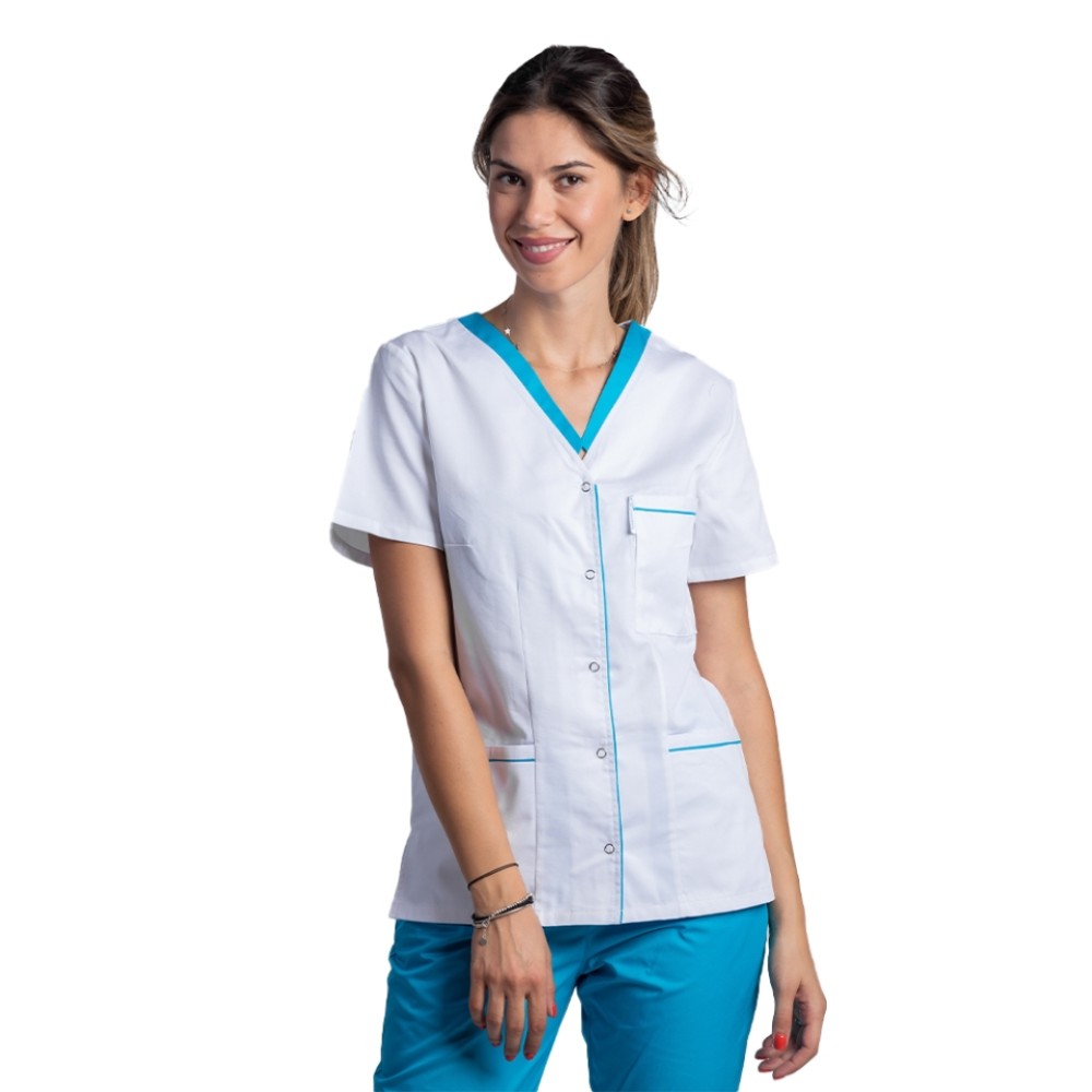 Uniforma de lucru format din bluza alb cu paspol turcoaz si pantaloni turcoaz cu elastic