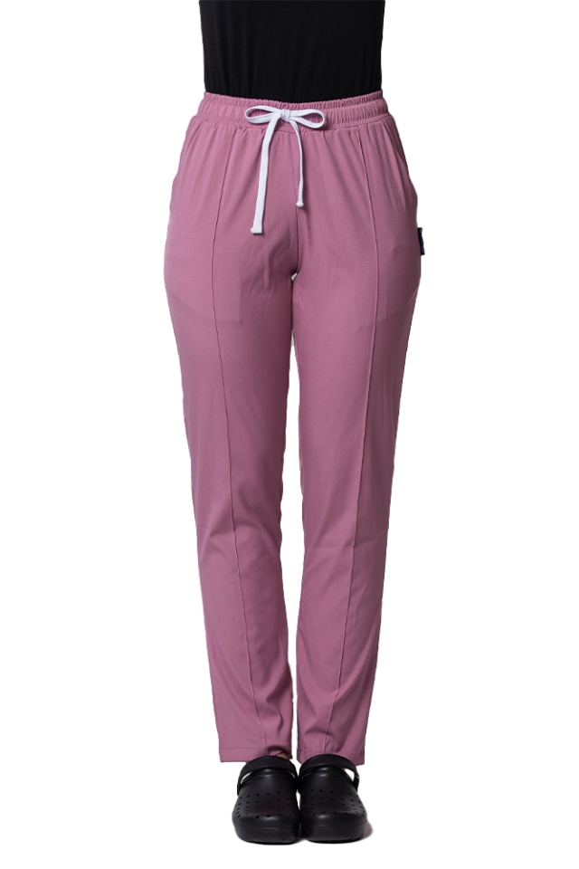 Pantaloni de lucru cu elastan roz cu snur si elastic..