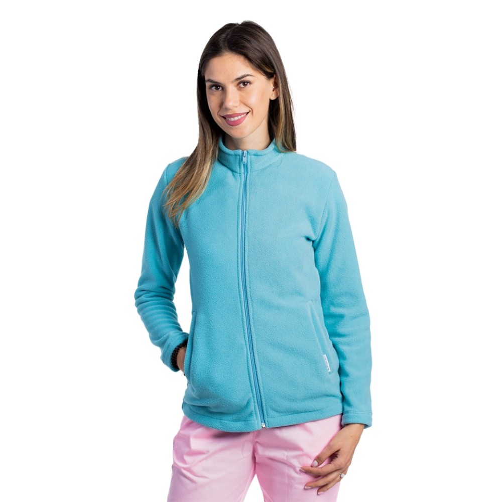 Jacheta polar turcoaz, dama, cu doua buzunare aplicate si fermoar