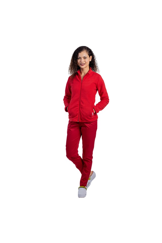 Jacheta polar rosu, dama, cu doua buzunare aplicate si fermoar