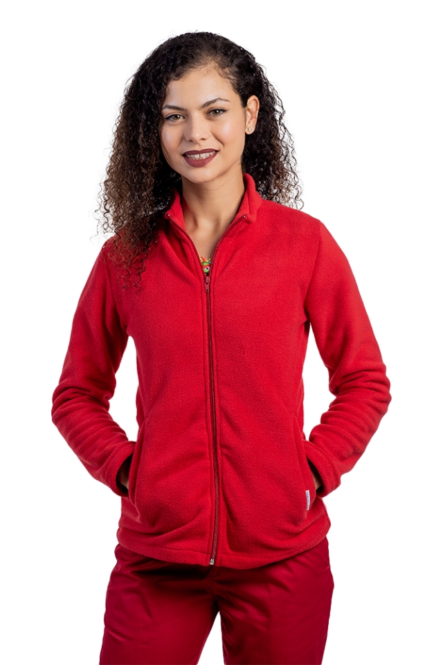 Jacheta polar rosu, dama, cu doua buzunare aplicate si fermoar