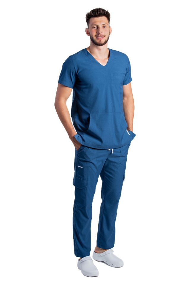 Costum de lucru cu elastan barbati jeans cu bluza in V si pantaloni cu snur si elastic