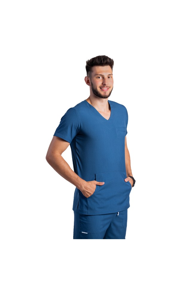 Costum de lucru cu elastan barbati jeans cu bluza in V si pantaloni cu snur si elastic