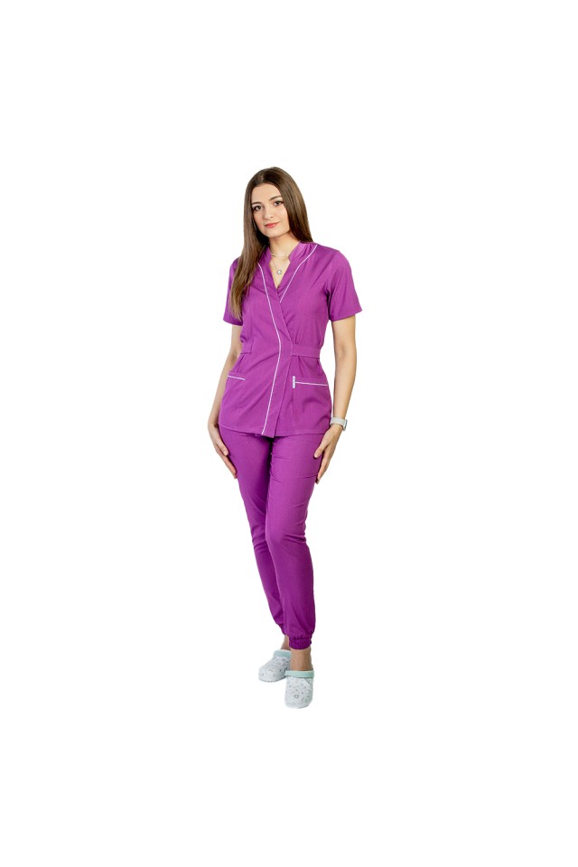 Costum estetica dama elastic magenta, cu bluza kimono cu paspol alb si pantaloni tip jogger
