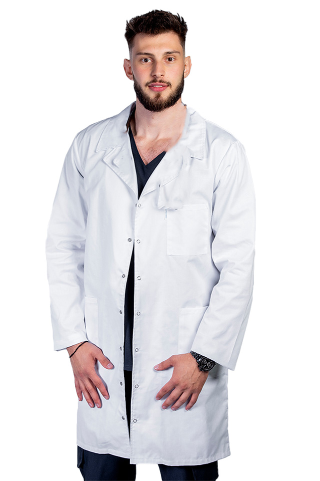 Halat de lucru alb lung barbatesc, cu guler tip rever si trei buzunare , maneca lunga