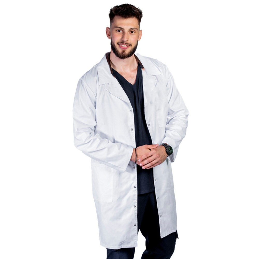 Halat de lucru alb lung barbatesc, cu guler tip rever si trei buzunare , maneca lunga