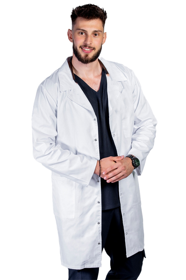 Halat de lucru alb lung barbatesc, cu guler tip rever si trei buzunare , maneca lunga