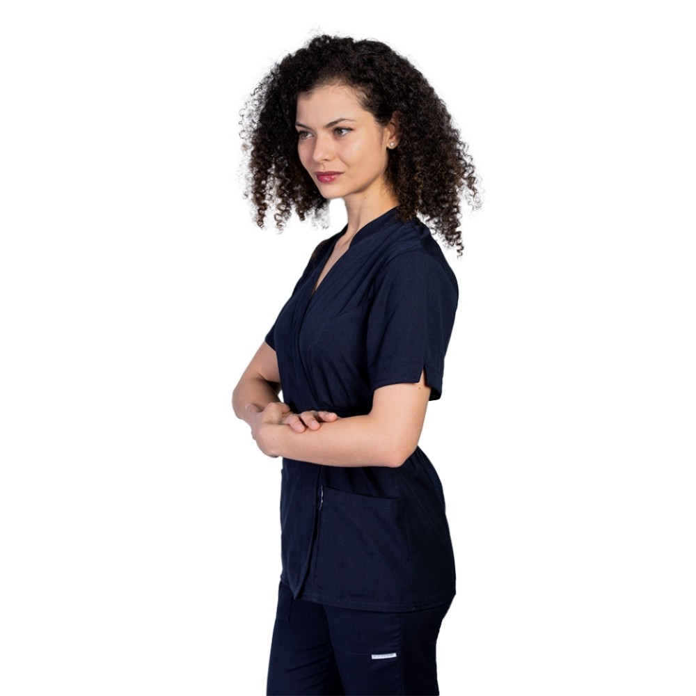 Halat profesional pentru estetica, kimono, cu elastan navy cu doua buzunare aplicate si guler tip tunica