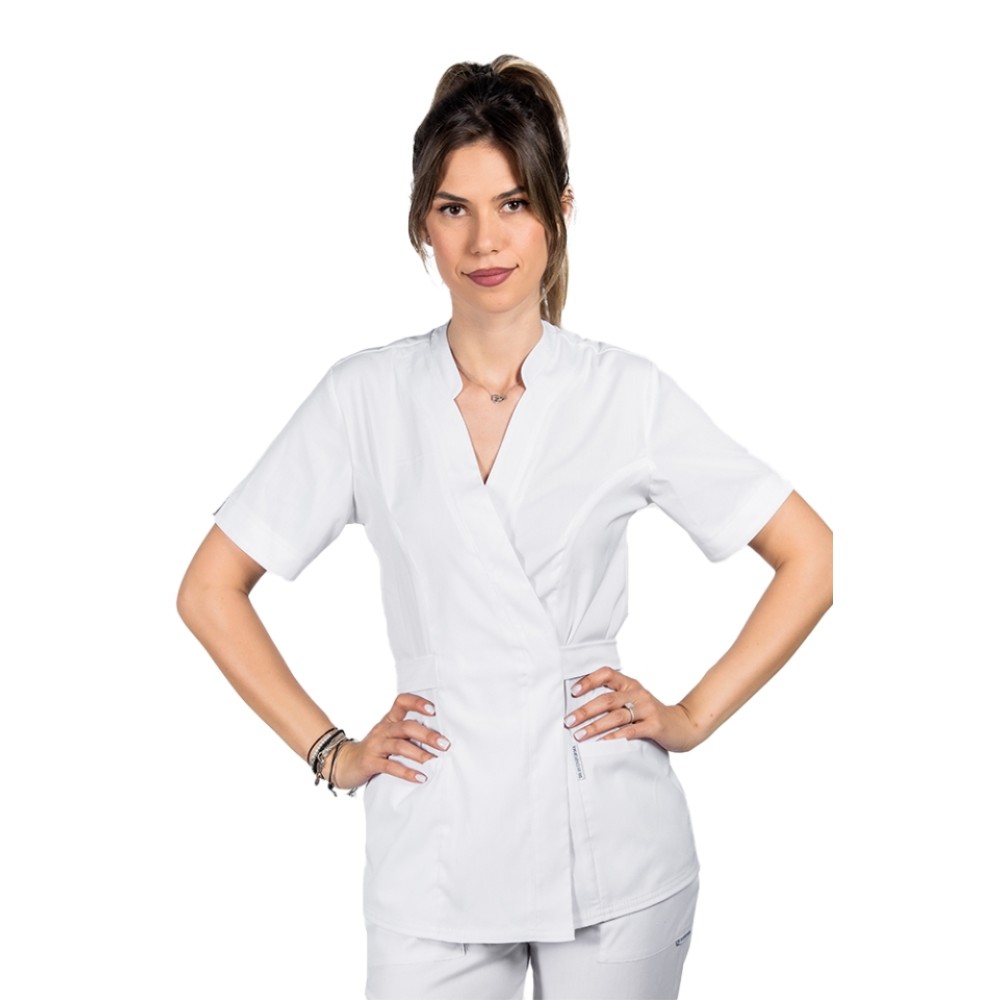 Halat profesional pentru estetica, kimono, cu elastan alb cu doua buzunare aplicate si guler tip tunica