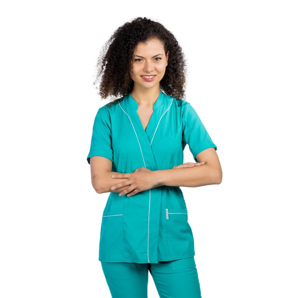 Halat profesional pentru estetica, kimono, cu elastan verde cu doua buzunare aplicate si guler tip tunica