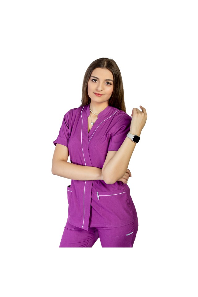 Costum estetica dama elastic magenta, cu bluza kimono cu paspol alb si pantaloni tip jogger