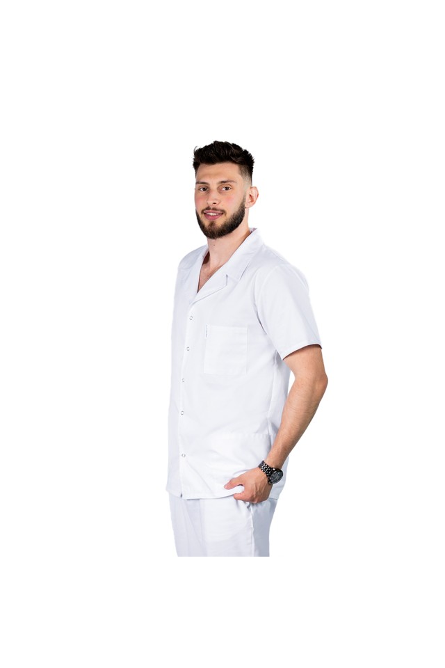 Halat de lucru alb barbatesc scurt cu guler tip rever si trei buzunare , maneca scurta