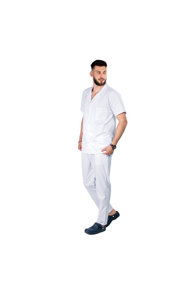 Halat de lucru alb barbatesc scurt cu guler tip rever si trei buzunare , maneca scurta