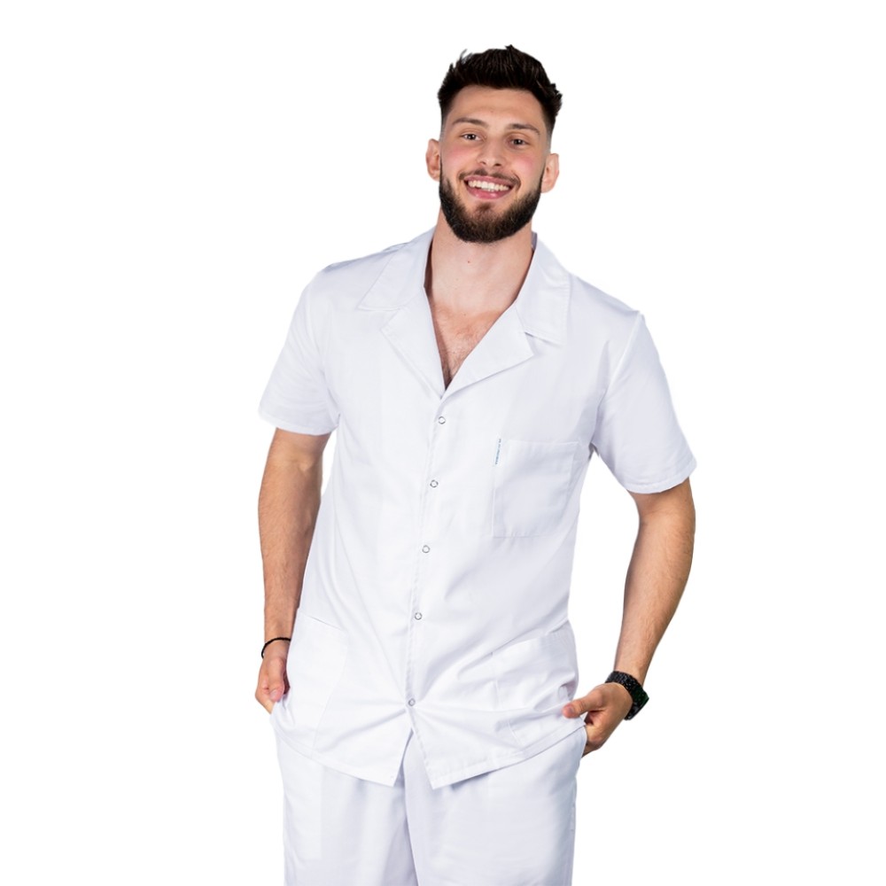 Halat de lucru alb barbatesc scurt cu guler tip rever si trei buzunare , maneca scurta
