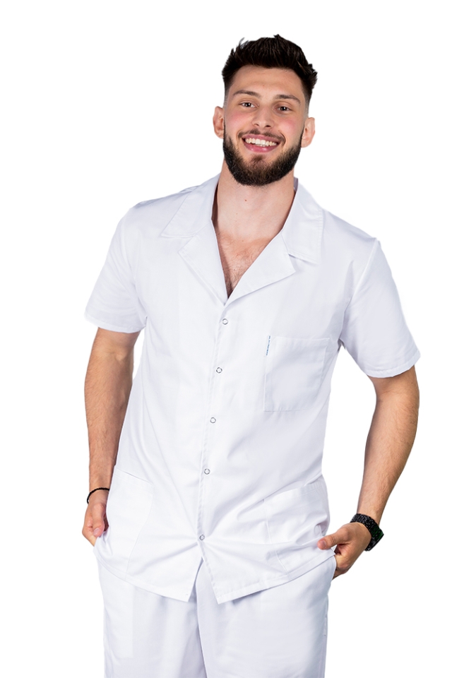 Halat de lucru alb barbatesc scurt cu guler tip rever si trei buzunare , maneca scurta