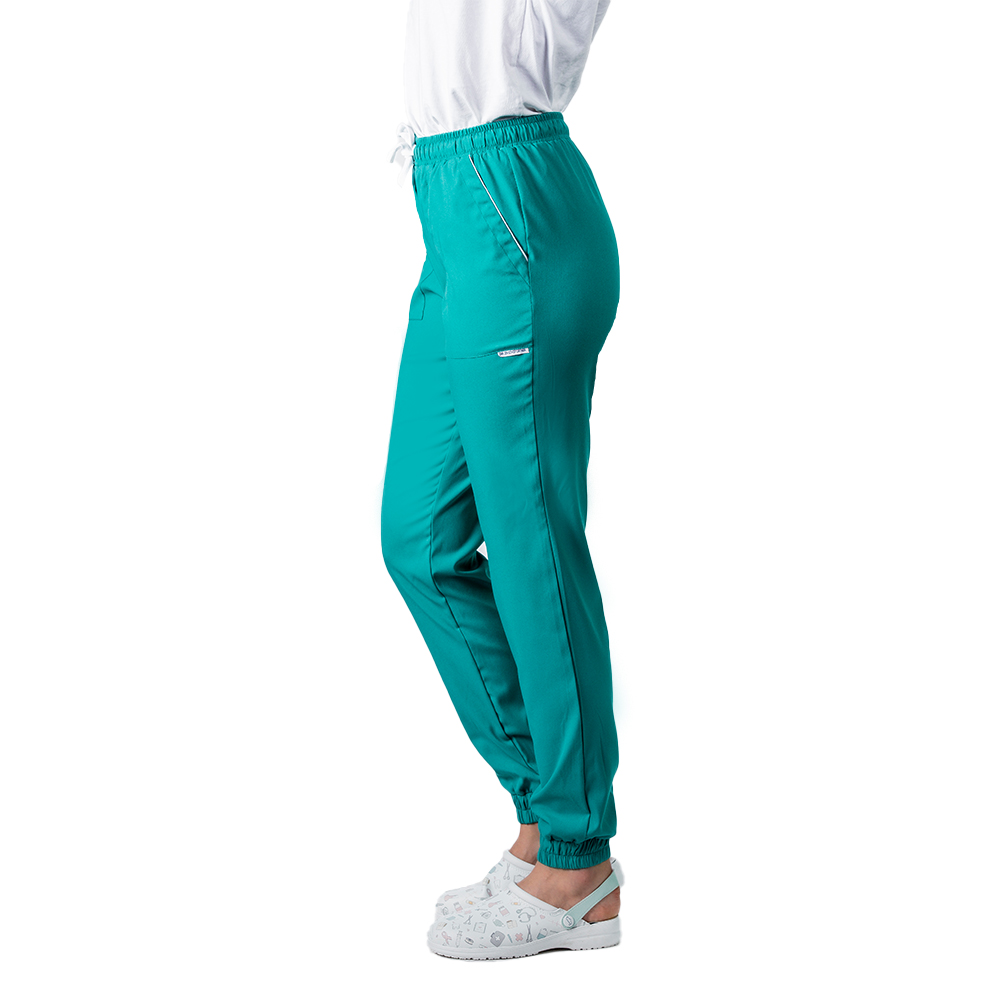 Costum estetica dama elastic verde turcoaz, cu bluza kimono cu paspol alb si pantaloni tip jogger