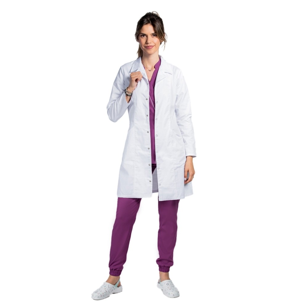 Halat pentru laborator alb, dama, cu guler cu rever ,inchidere capse, doua buzunare si maneca lunga