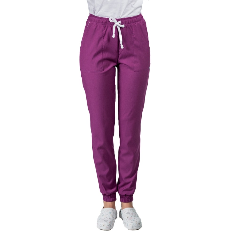 Pantaloni de lucru cu elastan tip jogger magenta cu snur si elastic in talie si la glezna