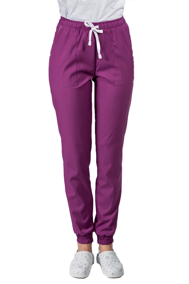 Pantaloni de lucru cu elastan tip jogger magenta cu snur si elastic in talie si la glezna