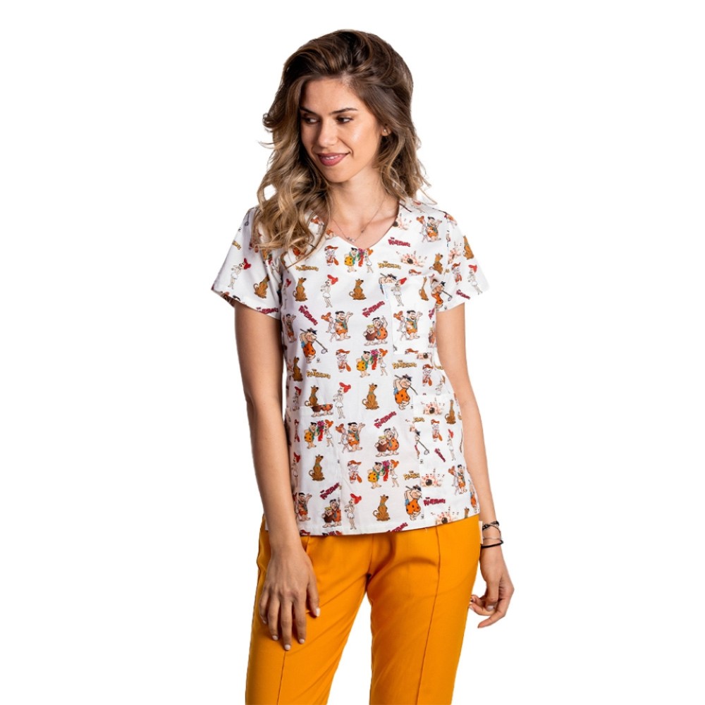 Halat de lucru pentru gradinite imprimat Flintstone cu trei buzunare aplicate