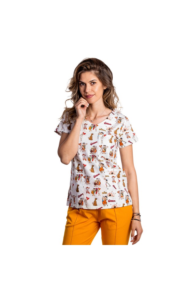 Halat de lucru pentru gradinite imprimat Flintstone cu trei buzunare aplicate