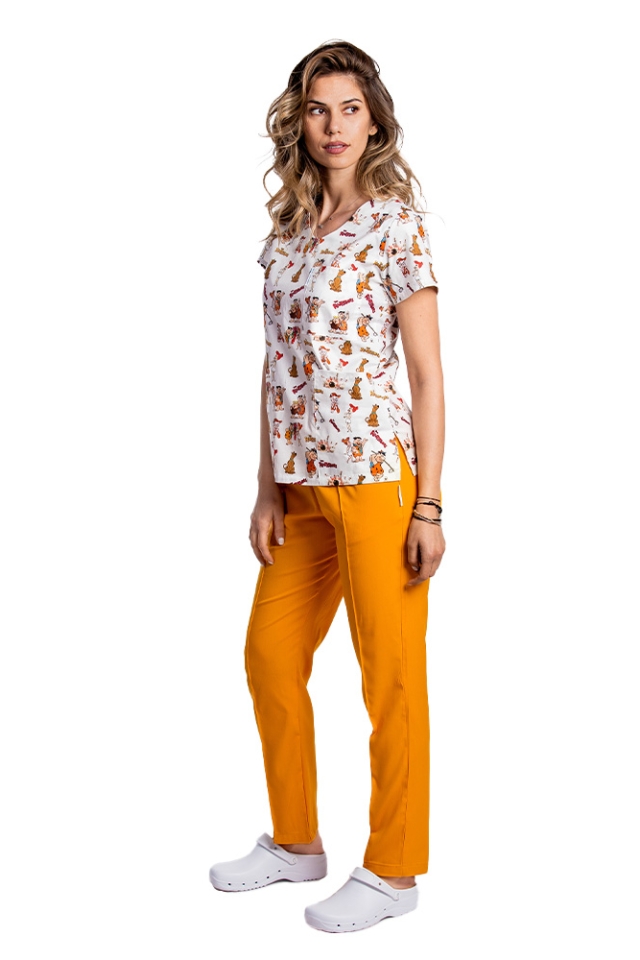 Halat de lucru pentru gradinite imprimat Flintstone cu trei buzunare aplicate