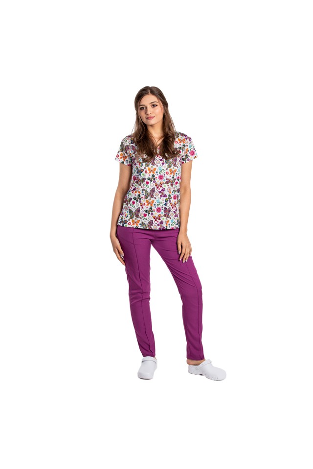 Costume de lucru pentru gradinite Fantasy cu bluza imprimata si pantaloni stretch magenta cu snur si elastic