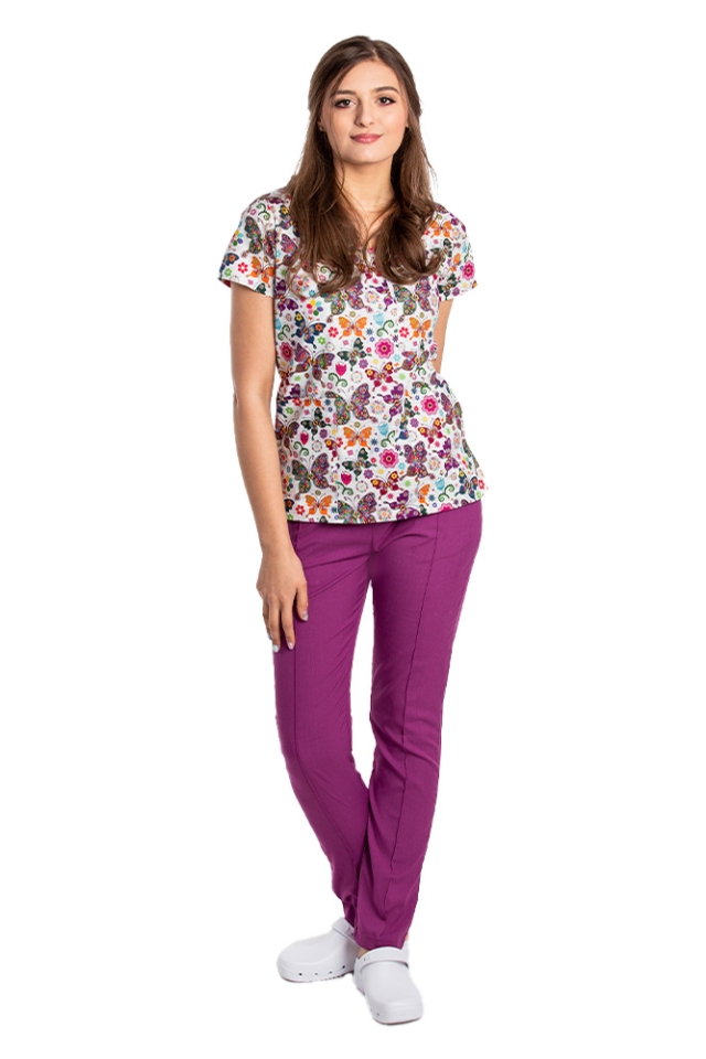 Costume de lucru pentru gradinite Fantasy cu bluza imprimata si pantaloni stretch magenta cu snur si elastic