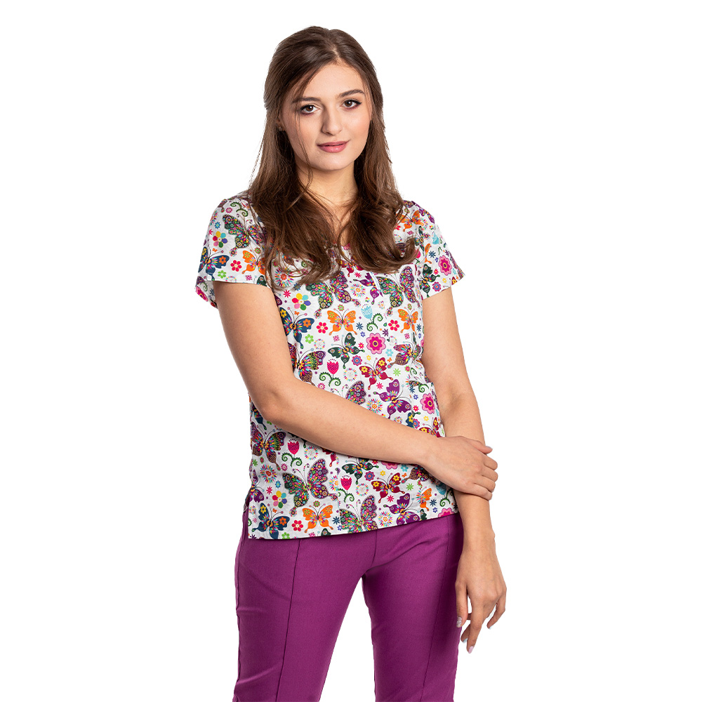 Costume de lucru pentru gradinite Fantasy cu bluza imprimata si pantaloni stretch magenta cu snur si elastic