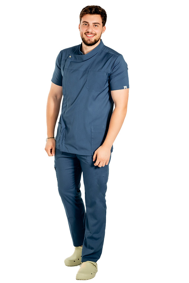 Uniforma bucatar tip tunica blue jeans cu maneca scurta, capse si fermoar