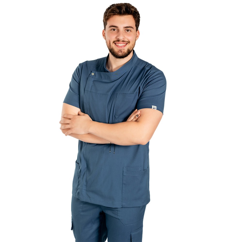 Tunica bucatar blue jeans cu maneca scurta, capse si fermoar