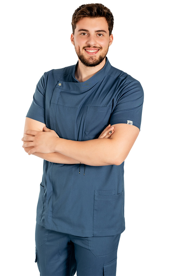 Tunica bucatar blue jeans cu maneca scurta, capse si fermoar