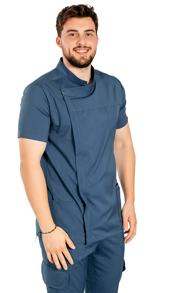 Tunica bucatar blue jeans cu maneca scurta, capse si fermoar