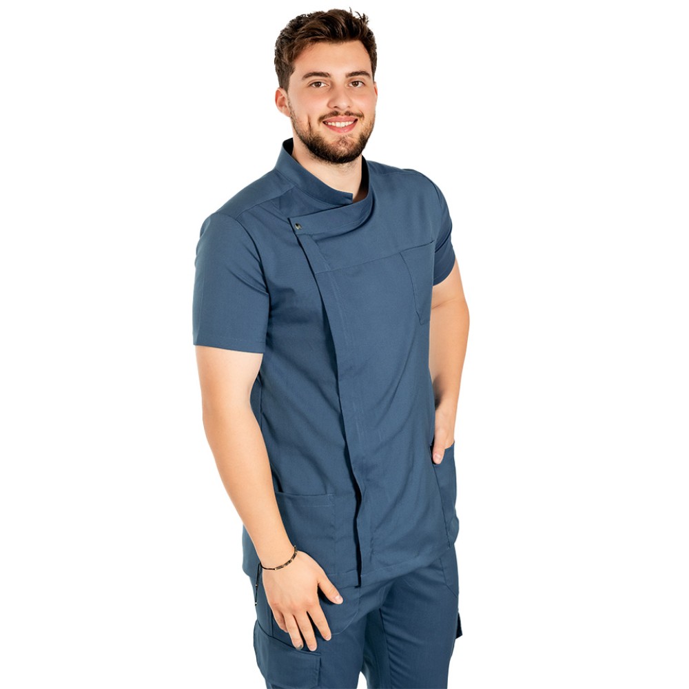 Tunica bucatar blue jeans cu maneca scurta, capse si fermoar