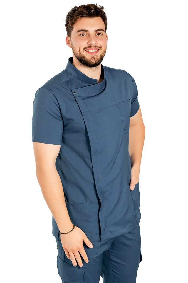 Tunica bucatar blue jeans cu maneca scurta, capse si fermoar