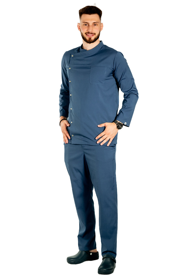 Uniforma bucatar blue jeans tip tunica cu maneca lunga, capse