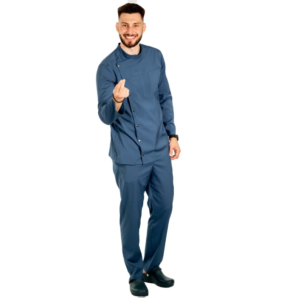 Uniforma bucatar blue jeans tip tunica cu maneca lunga, capse