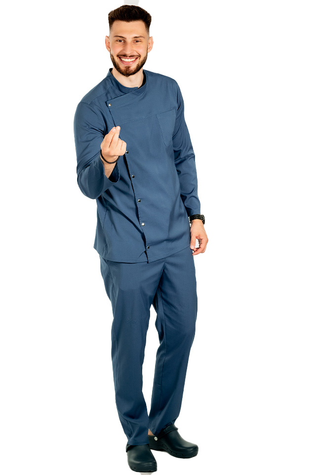 Uniforma bucatar blue jeans tip tunica cu maneca lunga, capse