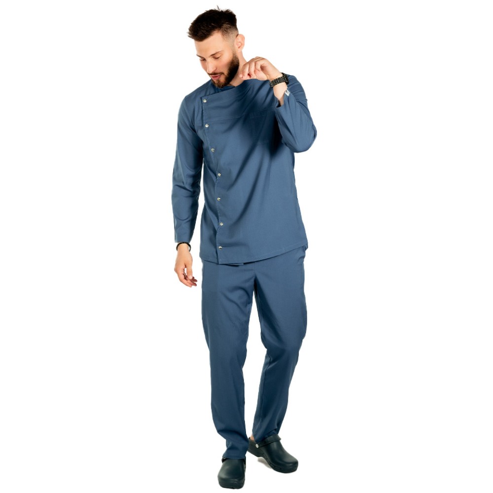 Uniforma bucatar blue jeans tip tunica cu maneca lunga, capse