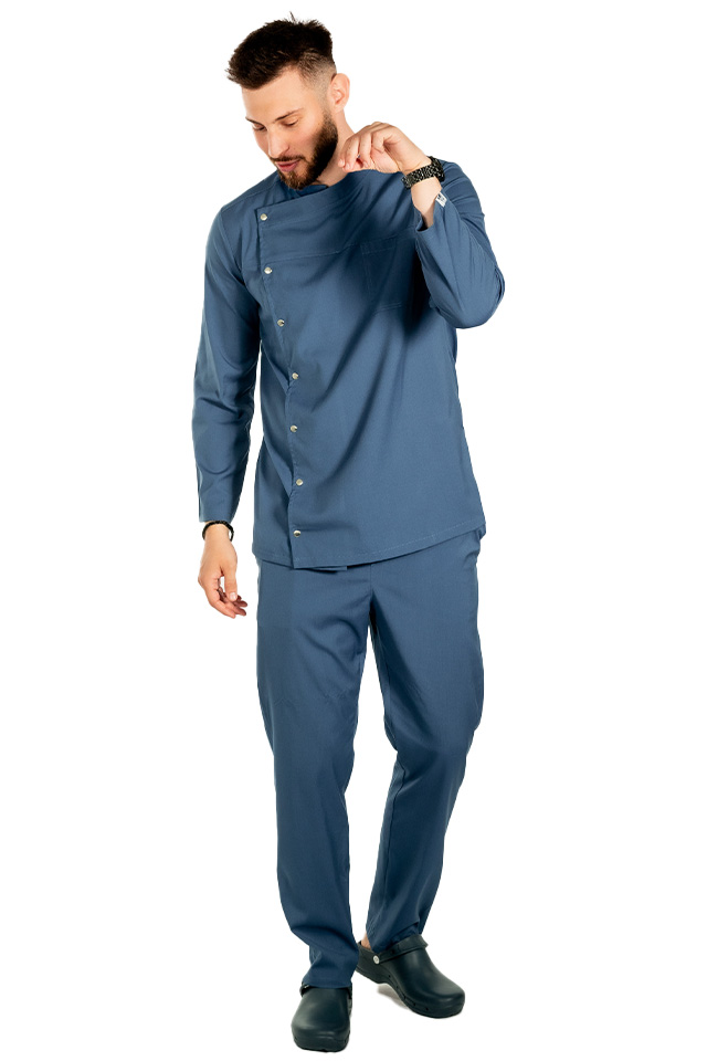 Uniforma bucatar blue jeans tip tunica cu maneca lunga, capse