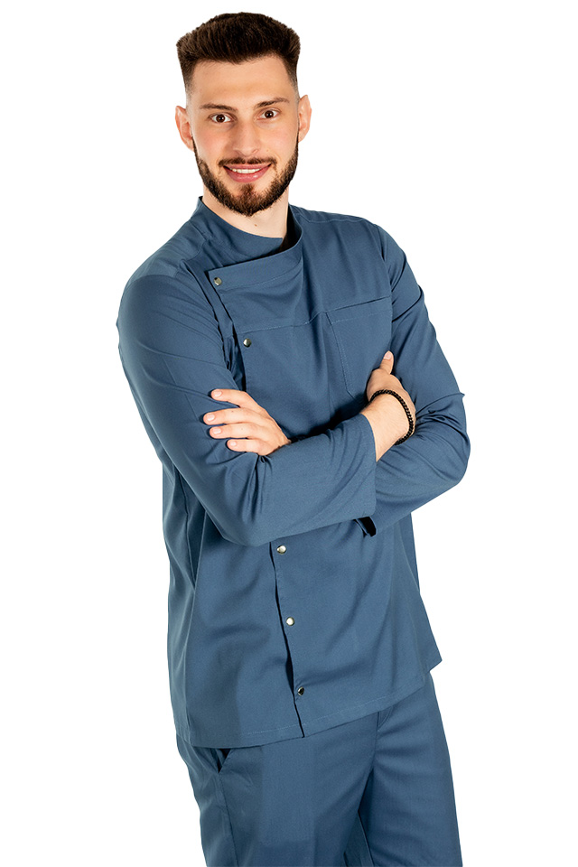 Tunica bucatar blue jeans cu maneca lunga, capse