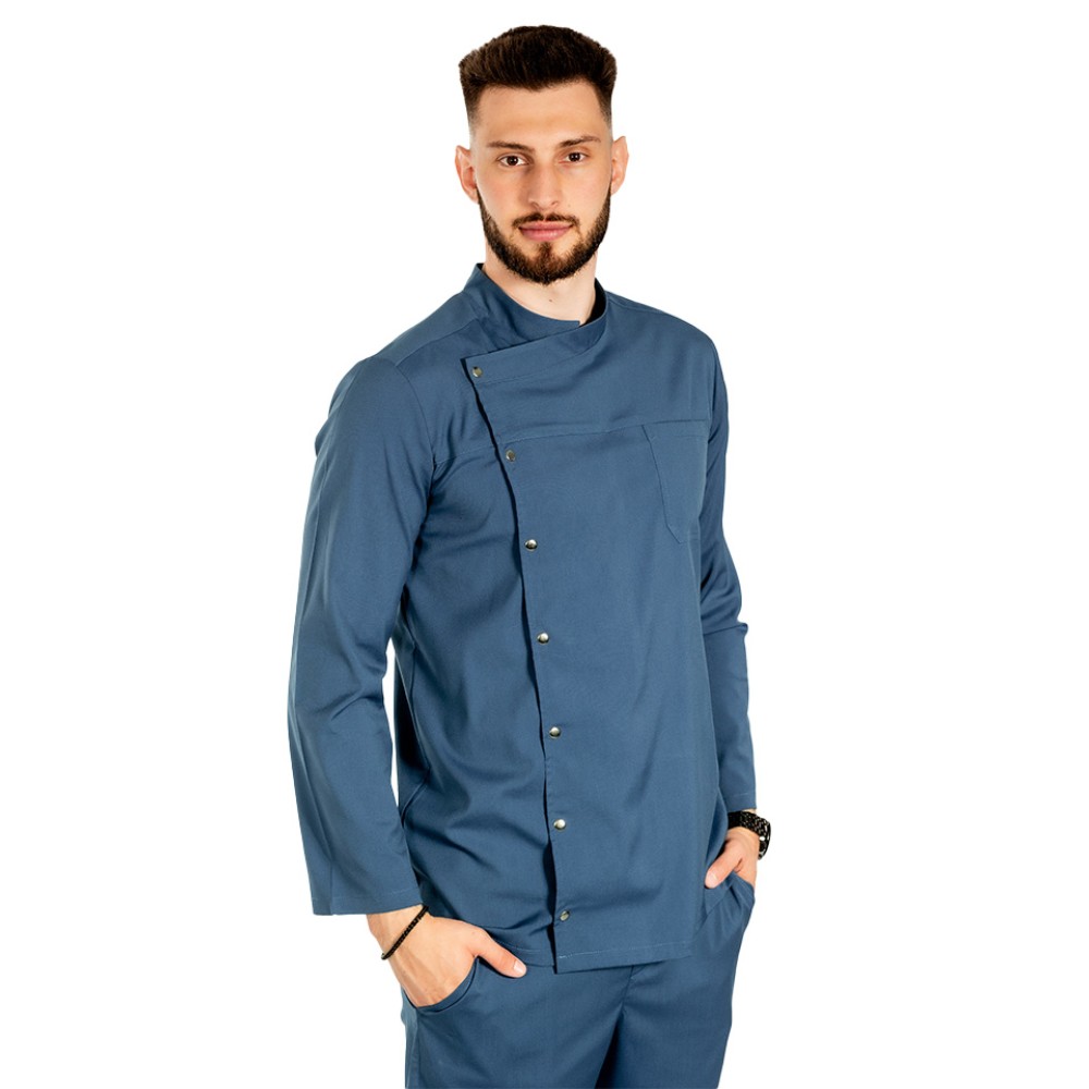 Tunica bucatar blue jeans cu maneca lunga, capse