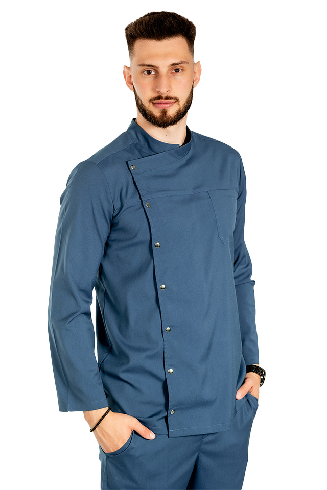 Tunica bucatar blue jeans cu maneca lunga, capse