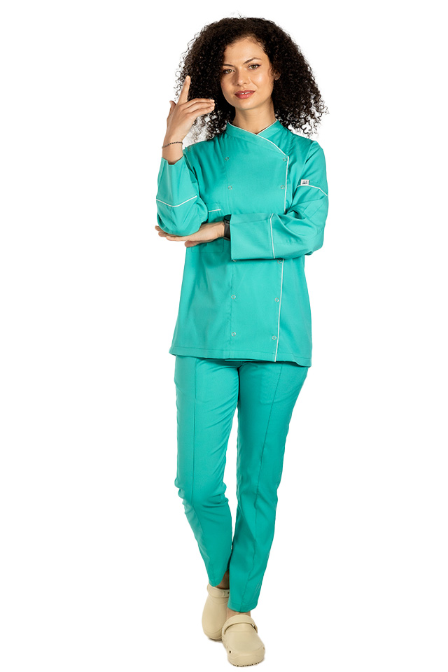 Uniforma bucatar dama verde stretch tip tunica cu capse si pantaloni cu snur si elastic in talie