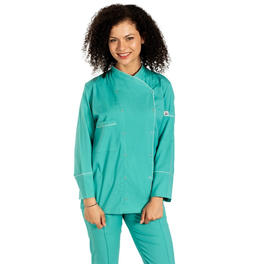 Tunica bucatar dama, verde, cu maneca lunga, inchidere cu capse