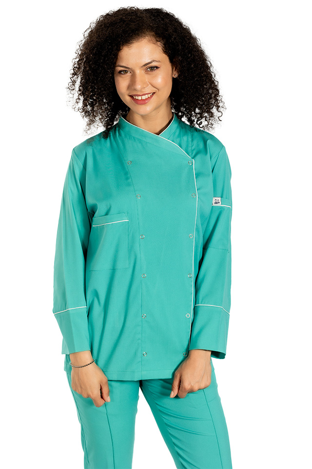 Tunica bucatar dama, verde, cu maneca lunga, inchidere cu capse