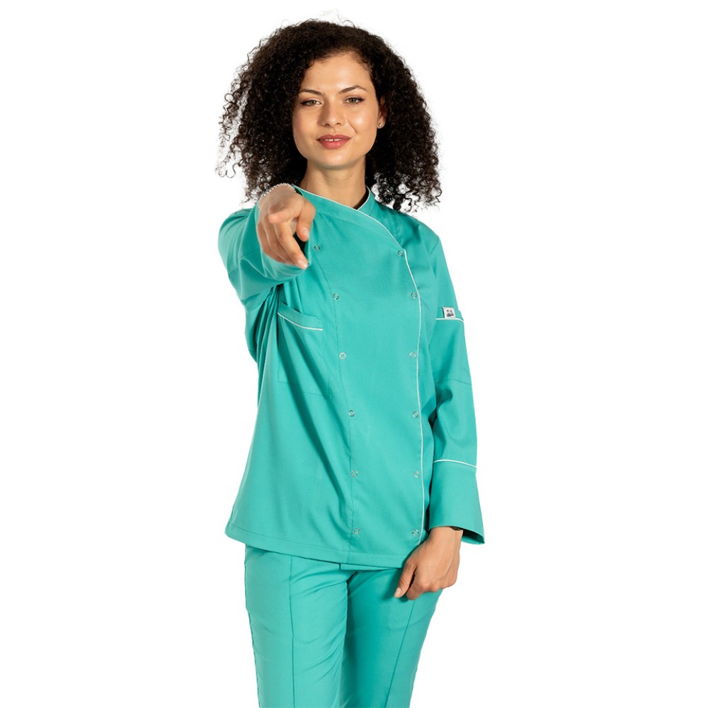 Tunica bucatar dama, verde, cu maneca lunga, inchidere cu capse